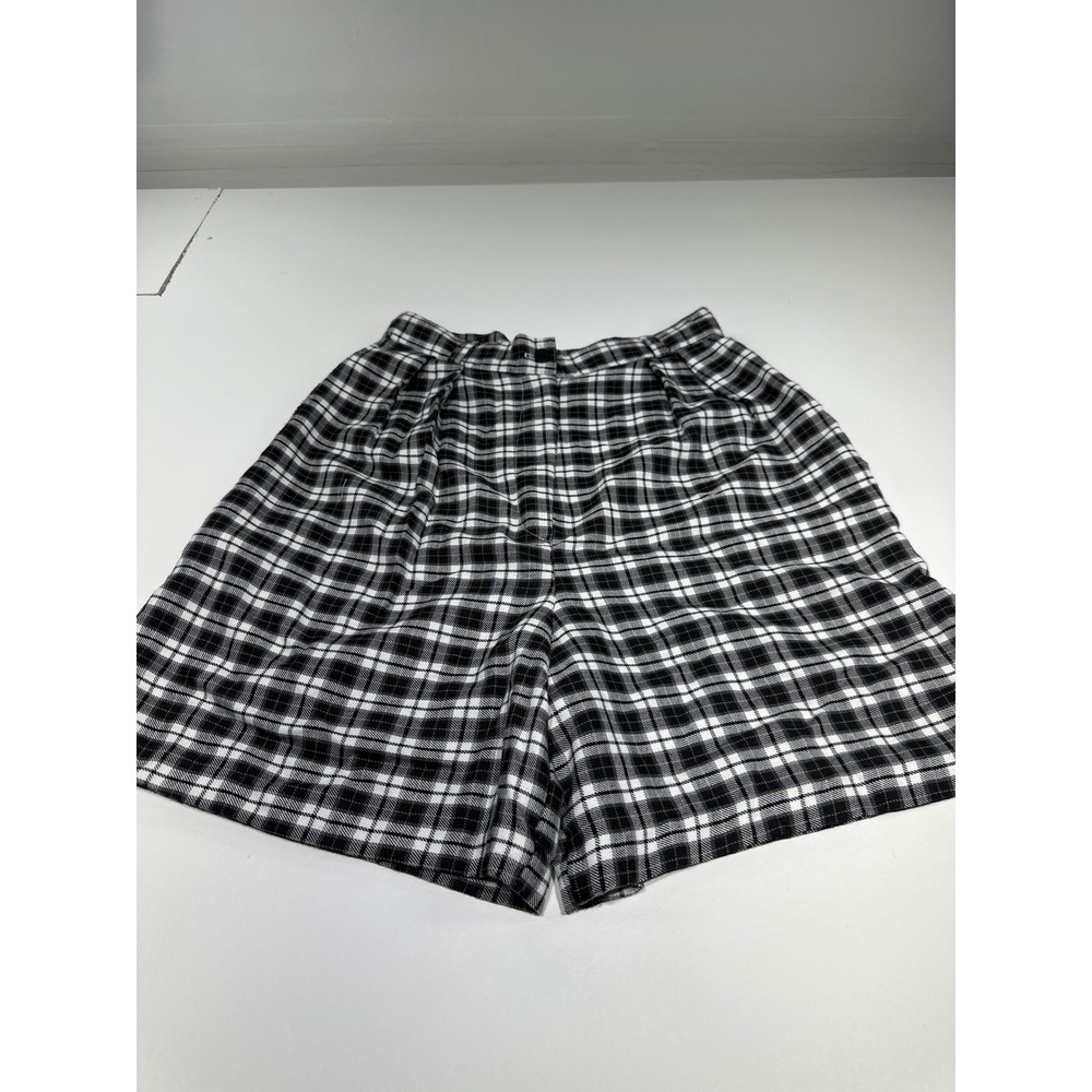 Tracy Evans Vintage Plaid Pleated Shorts Black White Brown High Waist Size 14